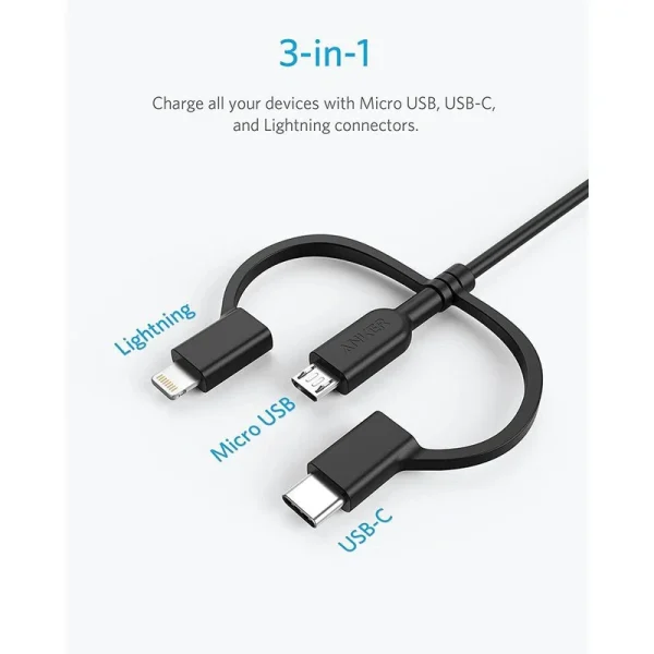 کابل تبدیل USB به Lightning / Type C / Micro USB انکر مدل A8436 PowerLine II 3-in-1 طول 0.9 متر